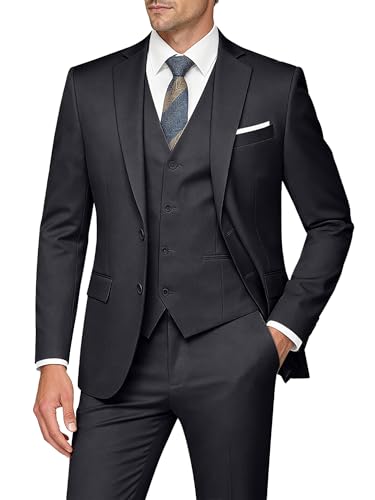 WULFUL Men's Slim Fit 3 Piece Suits Two Button Blazer Vest & Pants Tuxedo Set for Business Wedding Party Dark Grey