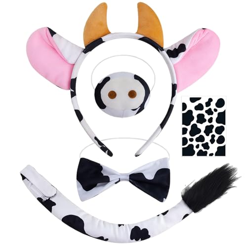 AYNKH 5 Pièces Set de Costume de Vache Bandeau Avec Oreilles, Queue, Nez, Nœud Papillon et Autocollant,Vache Accessoires Pour Costumes de Carnaval, D'Halloween et de Soirées Déguisées
