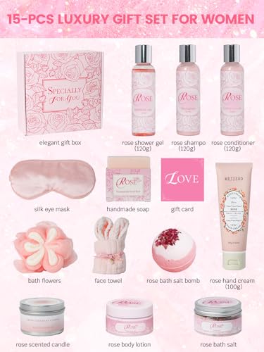 15Pcs Rose Spa Bath & Body Care Set with Bath Bombs & Lotions, Relaxing Home Spa Gift Kit for Mom Wife Girlfriend, Ideal for Mother’s Day Birthday Women Gift Sets — view 2