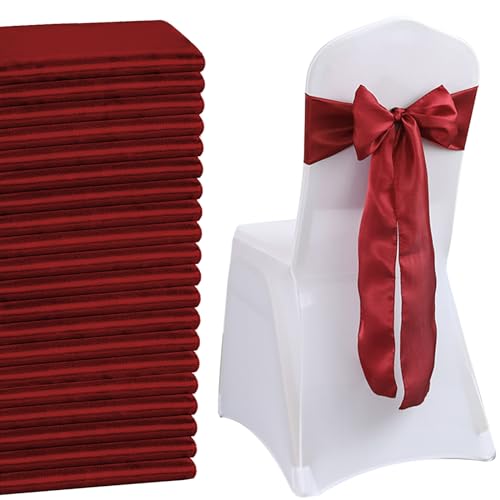 QeeFop Pacote de 50 bandas de cetim para decoração de festas, laço nas costas, gravata de cetim suave para cadeiras de casamento, para molduras arco decoração casamento banquete festa (bordô)