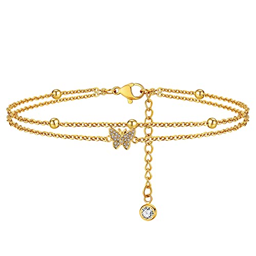 tenghong2021 Butterfly CZ Double-Layered Anklet