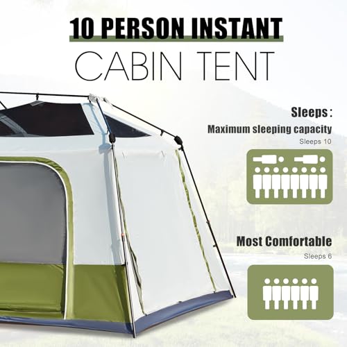 YOLENY Instant Cabin Tent, 4-8 Person Pop-Up Tent for Camping, Spacious Interior-14\' x 9\', 3000mm Water-Resistant with Rainfly, 2 Windows & 4 Doors, Green