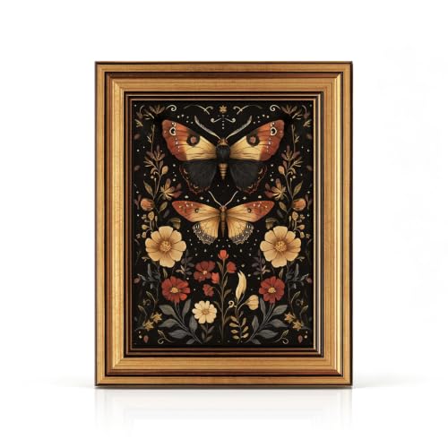 IMNTSD Framed Vintage Moth Floral Wall Art, Dark Background Botanical Butterfly Print with Antique Gold Frame, 10x8 Inch Retro Cottage Dark Academia Wall Decor for Bedroom Living Room Office