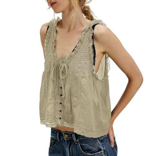 T-shirt uni sans manches avec boutons et dentelle chic pour femme
