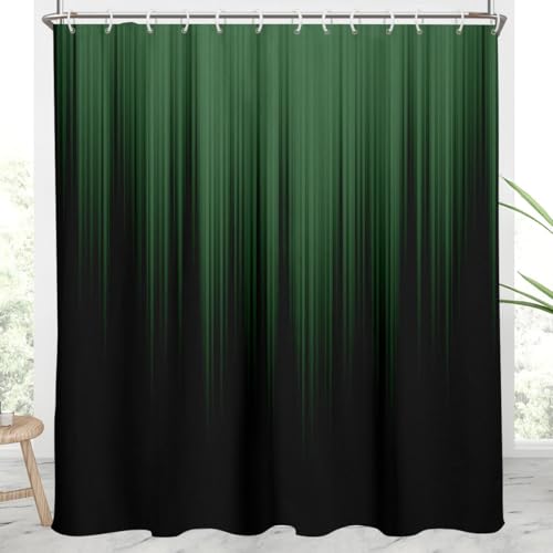 Image of AAtter Green Black Ombre Shower Curtain, Extra Long 72x84 Inch, 12 Hooks | Striped Polyester Fabric, Dark Modern Abstract Style, Cool Anime Design, Trendy Gradient Tall Bathroom Decor for Men