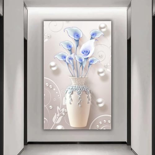 Tableau de fleurs blanches et bleues floral abstrait pour salon 70x110cm
