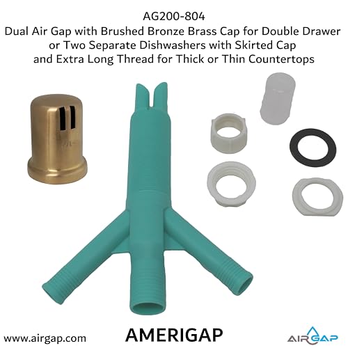 Image of Dual Air Gap with Brushed Bronze Brass Cap for Double Drawer or Two Separate Dishwashers with Skirted Cap and Extra Long Thread for Thick or Thin Countertops (AG200-804, AG200-X04, AMERIGAP)