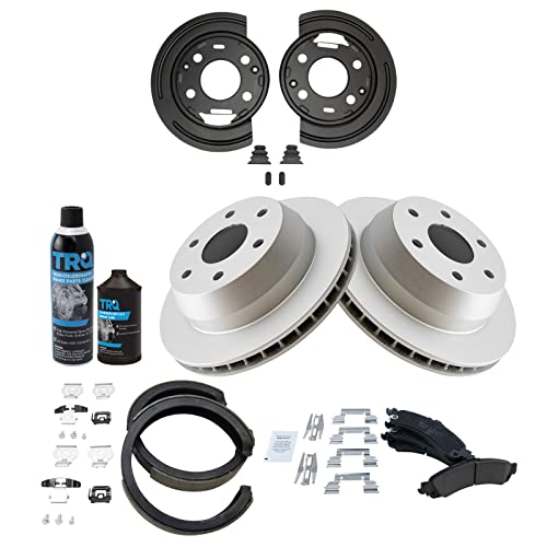 Image of TRQ Rear Ceramic Pad Coated Rotor Parking Shoe & Backing Plates w /Fluids Compatible with GM