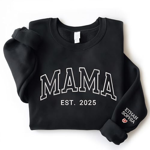 NAZENTI Personalized Embroidered Mama Sweatshirt with Kid Names On Sleeve, Mama Sweatshirt for Women, Custom Gifts for Mom, Grandma, Birthday, Mothers Day, Christmas, New Mom Gifts, 1st Grandma Gift