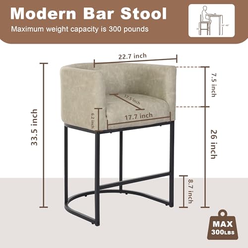 Image of 26 inch Counter Height Bar Stools Set of 3, Faux Leather Upholstered Barrel Chairs with Back and Arms, Metal Frame Kitchen Island Stools with Footrest, Stone Gray