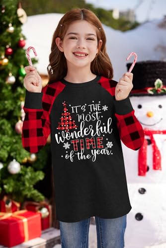 Image of BesserBay Girl's Christmas Buffalo Plaid Raglan Top Funny Holiday Graphic Shirt 4-14 Years