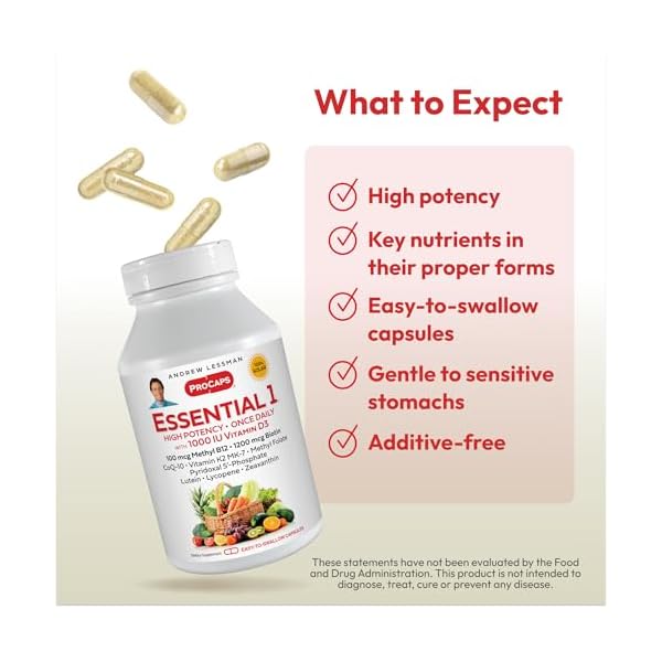 ANDREW LESSMAN Essential-1 Multivitamin 3000 IU Vitamin D3 Small Capsules - 100 mcg Methyl B12. CoQ10 Lutein Lycopene Zeaxanthin. High Potency. No Additives. Ultra-Mild. One Daily Capsule - Image 4