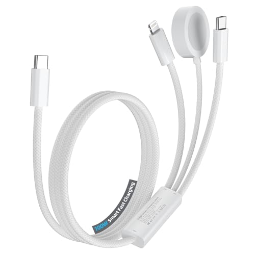 iCarez �[�d�P�[�u�� 3in1 �Ή� �}�� 1.5m Apple Watch �[�d�R�[�h 100W PD�Ή� 20V/5A�}���[�d �A�b�v���E�H�b�` �[�d�� 3�䓯���ɏ[�d �����^�ѕ֗� iPhone/iPad/Apple Watch �S�ẴV���[�Y