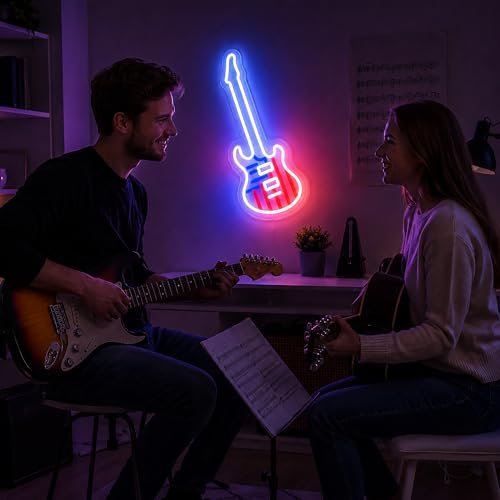 Image of White&Blue Neon Sign Led Neon Lights Signs for Wall Decor USB Powered Led Signs for Room Decoration-American Guitar