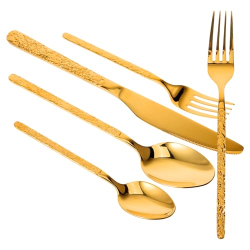 VOSAREA Juego de Cubiertos de Acero Inoxidable Diseño, Cuchillo, Tenedor y Cuchara Dorados, Reutilizables y Seguros para Uso en Cocina