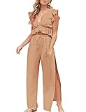 FANCYINN 2 Pieces Summer Outfits for Women Deep V Neck Crop Top Side Slit Drawstring Wide Leg Pants Sets Jumpsuits Khaki XL