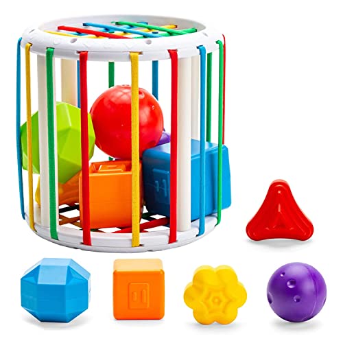 Image of Kidology Baby Cylindrical Shape Sorting Toy | Montessori Sensory Toys with 6 Blocks Colorful Cube | Shape Sorting Bin with Elastic Bands Fine Motor Skill Early Learning Preschool Educational