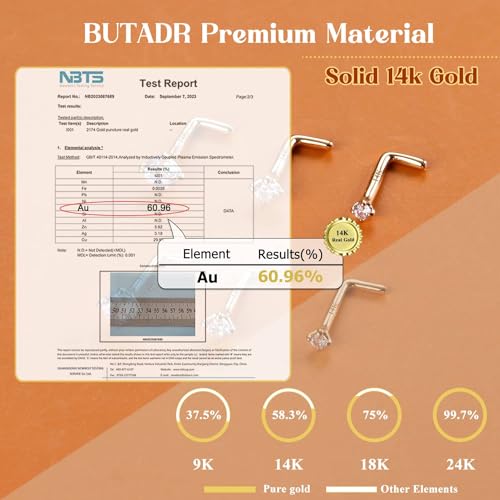 14K Real Gold Nose Studs, 18G 20G Solid Gold L Shaped Nose Rings, Simulated Diamond CZ Hypoallergenic Nose Piercings for Women Men 1.5 2 3MM2