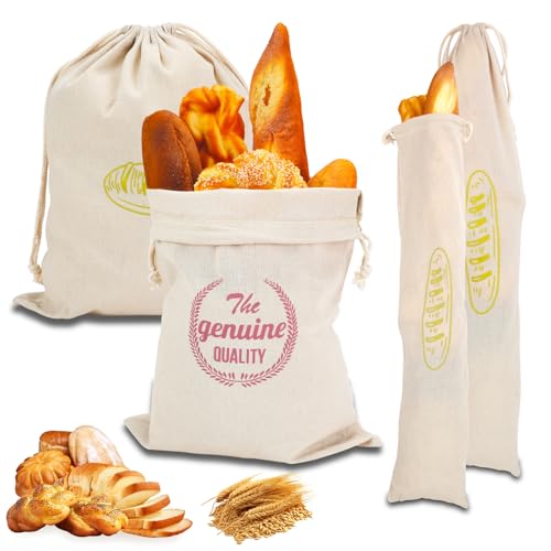 HMIEPRS 4 Pièce Sacs à Pain en Lin, Sac à Pain et Baguette, Sachet à Sandwichs Réutilisables avec Cordon de Serrage, Sac de Stockage Pain Tissu pour Baguette Fruits Légumes