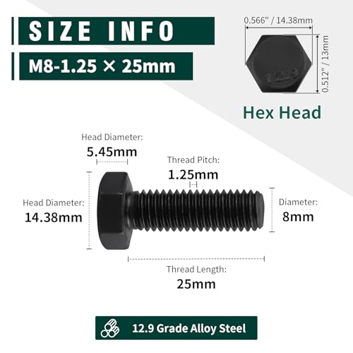 Image of M8-1.25 x 25mm Hex Bolts, 12.9 Grade Alloy Steel, Black Oxide Finish, Full Thread, Coarse Thread UNC, Hexagon Head Bolts 20 PCS