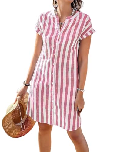 Robe ete femme ample style decontracte col en V manches courtes en coton