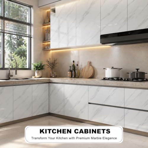 Image of HOME13 Marble Contact Paper White Peel and Stick Wallpaper for Kitchen Countertop Grey Marble Wallpaper for Kitchen Backsplash Cabinet Waterproof Self Adhesive Removable Wall Paper(24x360 Inch)