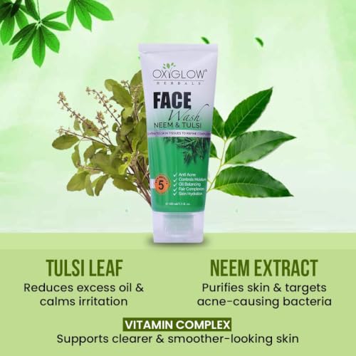 Image of OxyGlow Herbals Neem & Tulsi Face Wash 100g | For Acne Prone Skin | Controls Oil, Cleanses & Prevents Pimples | Anti Acne | Control Moisture | Oil Balancing | Fair Complexion | Skin Hydration | All Skin Type