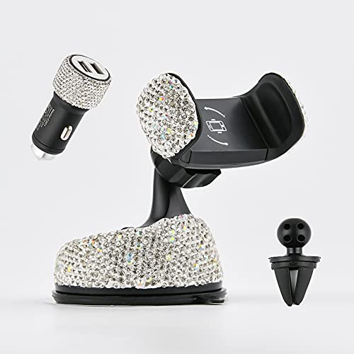 Vallycomfy Bling Phone Holder for Car Come with Air Vent Base & Car Charger Bling Crystal Universal Car Phone Holder Mount for Dashboard,Windshield and Air Vent
