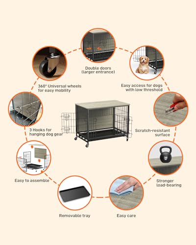 GAOMON 2024 New Dog Crate Furniture, canil de madeira para cães de 69 cm com bandeja e rodas removív