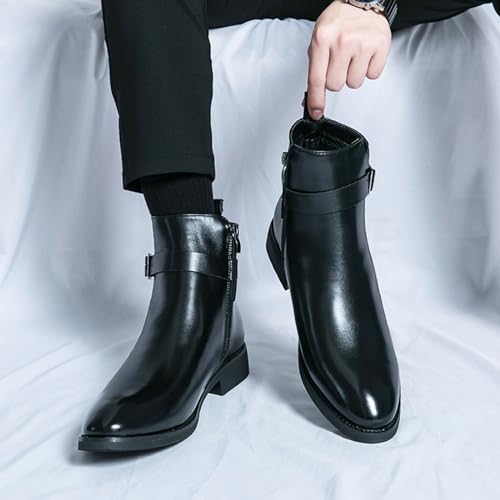 Men's Bright Leather High Top Chelsea Dress Boots with Buckle Strap Decor,British Style Fashion Pointed Toe Side Zipper Retro Comfortable Business Casual Ankle Boots4