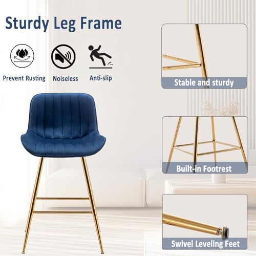 Image of Sidanli Blue Bar Stools Set of 2, 24 Inch Velvet Counter Height Bar Stools with Footrests, Modern Bar Chairs for Home, Kitchen Island, Dining Room