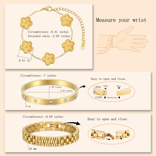 Stackable Four Leaf Clover Bracelets for Women, 18K Gold Plated Love Bangle Bracelets Set, 3 Pcs Charm Jewelry Gifts4