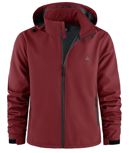 ZITY Mens Softshell Jacket Winter Waterproof Fleece Jackets Warm Hooded Jacket Outdoor Windproof Hiking Coat with Pockets Outwear for Camping Fishing,Wine Red,L