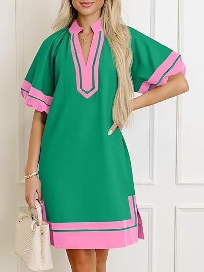 Womens Summer Mini Dress Puff Sleeve Casual V Neck Color Block Side Slit Loose Shirt Dresses with Pockets - Image 3