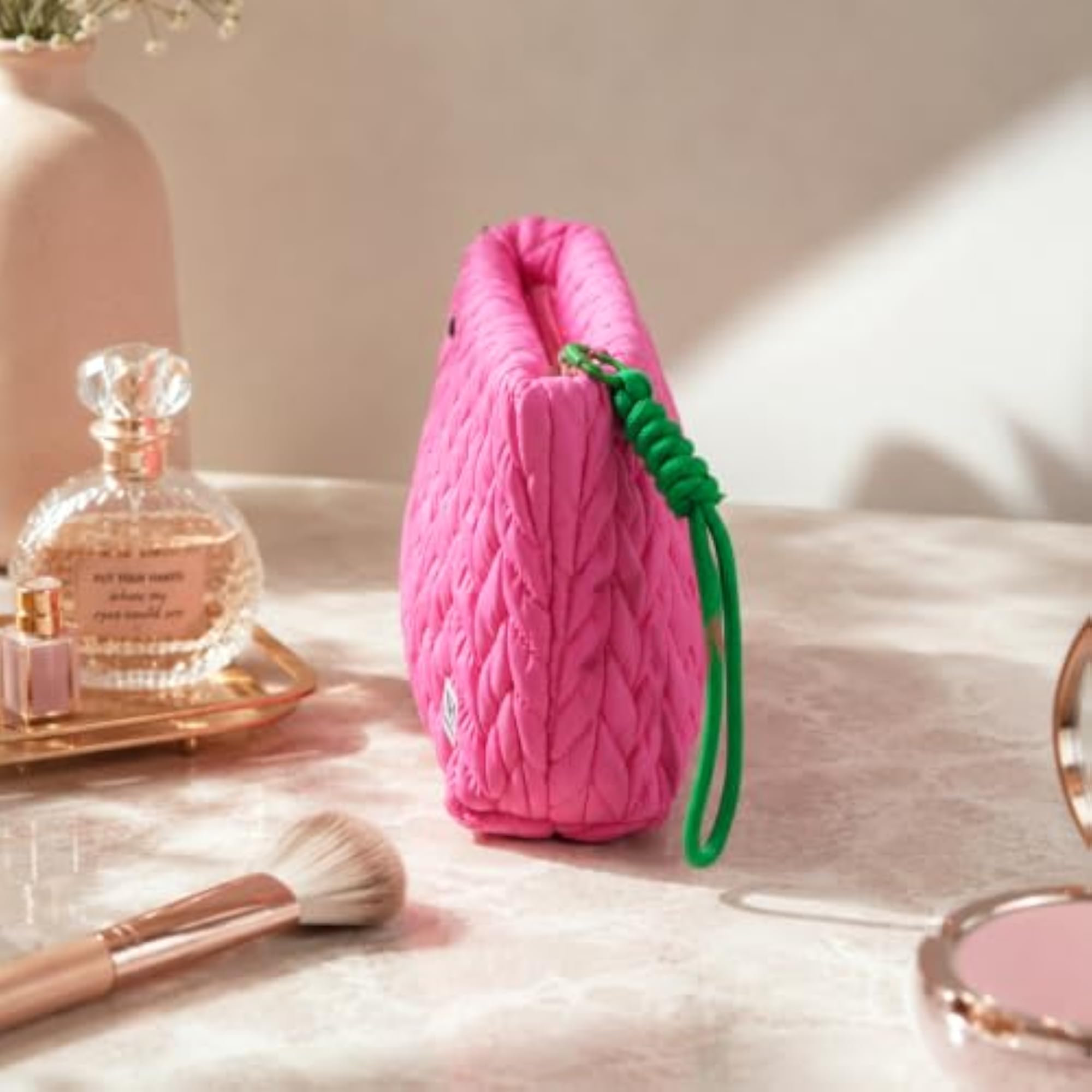 Women's Quilted Makeup Pouch with Wrist Strap