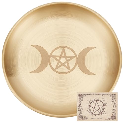 CREATCABIN Pentagram Altar Plate Moon Tarot Plate Ritual Burning Candle Holder Bowls Offering Incense Aromatherapy Tray Ceremony Plates with Altar Card Home Decor for Witchcraft Wiccan Golden 5.55in