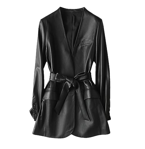 Veste en simili cuir noir pour femmes manteau de motard long avec ceinture XL