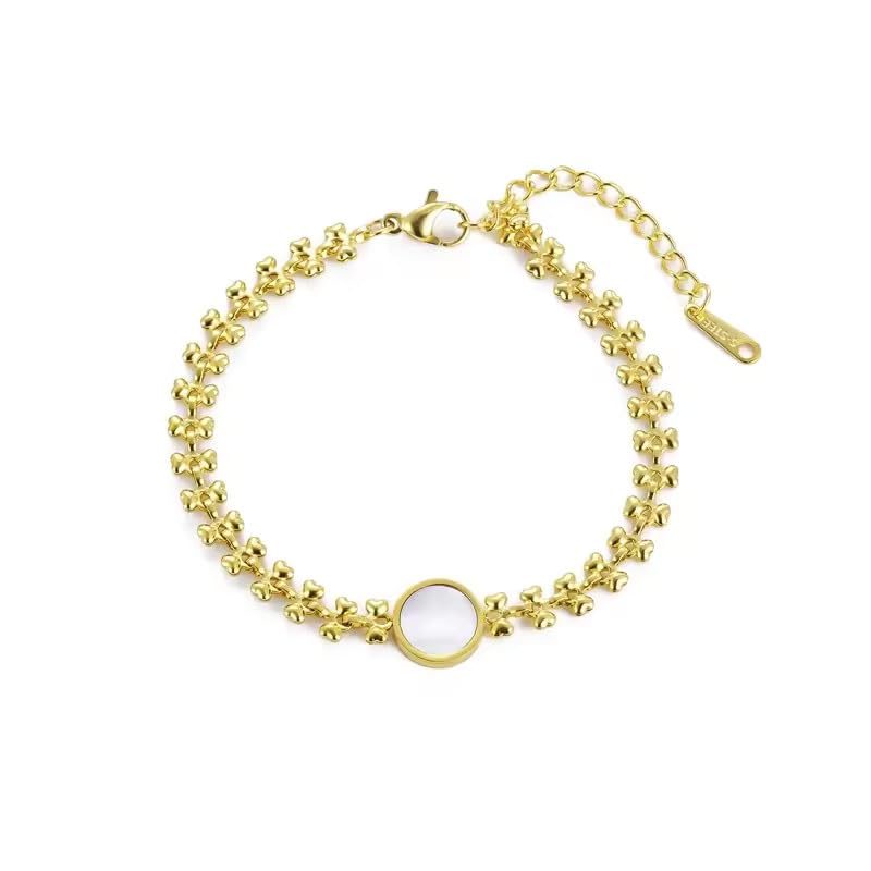 18K Gold-Plated Stainless Steel Charm White Opal Gemstone Leaf Chain Bracelet, Adjustable 16+5 cm, Hypoallergenic Fashion Jewelry in Elegant Box