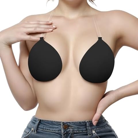 Varsbaby Women's Adhesive Bras with Clear Straps Invisible Sticky Bra for Backless Dress(D413GJ-Black-C) Cover