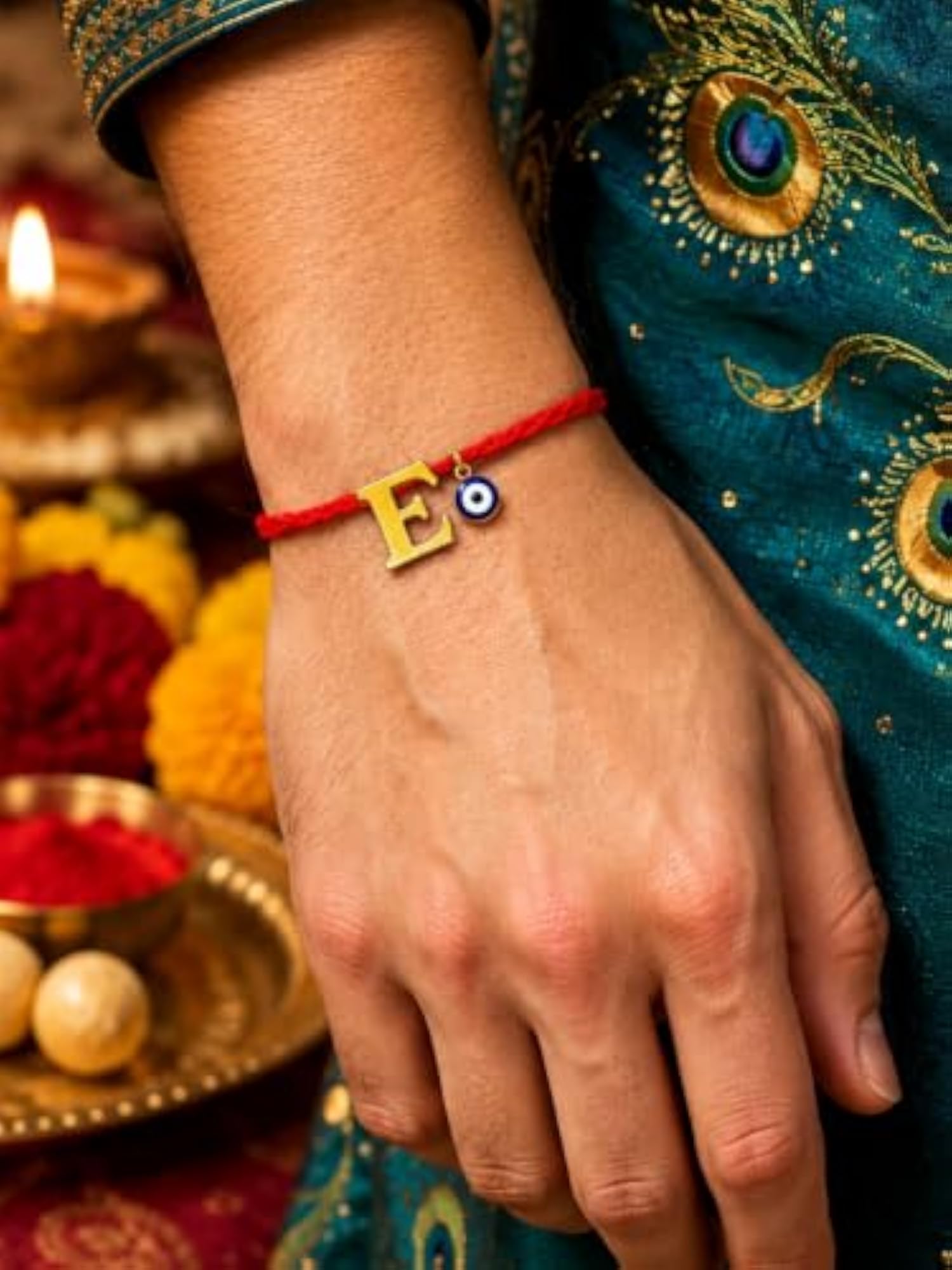 E Letter Gold Plated Initial Charm Rakhi Bracelet for Bhai