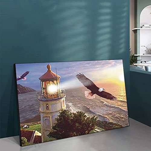 Lighthouse Bald Eagle Wall Art Birds On The Wing Picture Sunset Seascape Wall Art Canvas Painting Posters And Prints Wall Art Pictures For Living Room Bedroom Decor 20X26Inch(51X66Cm) Frame-Style #TOP4