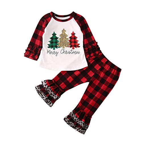 Toddler Kid Baby Girl Bell Bottom Flared Pants Short Sleeve Tops Leopard Pants 2PCS (Plaid-red-1, 1-2T)
