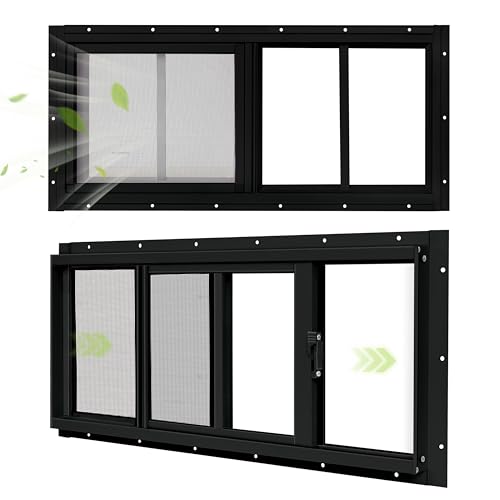 Image of BOBIBAN 2 Pack Shed Windows, 10"x 18" Black Sliding Window Suitable for Chicken Coop, shed, Household, Barn - Transom Window with Tempered Glass and Fiberglass Screen (BK,10''x 18'')