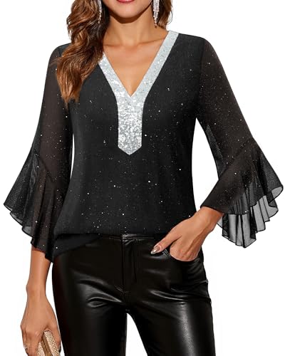 Timeson Women's Ruffle 3/4 Sleeve Sparkly Tops Sequin V Neck Blouses Dressy Fall Shirts3