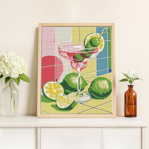 Image of FREEBLOSS 11CT Cocktail Stamped Cross Stitch Kits Full Embroidery Kits with Instruction Cross Stitch Wall Hanging Kit for Needlepoint Adults Wall Art Decoration 16x20in /40x50cm