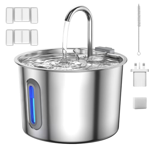 Stainless Steel Cat Water Fountain Dishwasher Safe, 2.2L Automatic Pet Water Dispenser with Upgraded Quiet Pump and Visible Window, Includes 2 Filters for Cats, Small Dogs