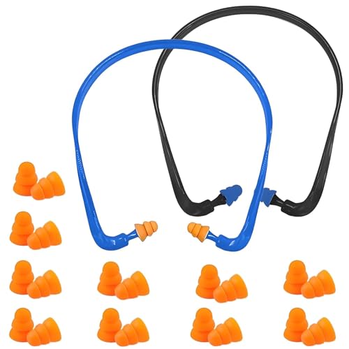 12 Stück Bügelgehörschutz Set für Eine Angenehme Tragedauer Gehörschutzbügel Anpressdruckfrei Gehörschutz Zur Lärmreduktion 2 Set Mit 10 Paar Ersatzstöpseln, 14x14cm, Schwarz und Blau