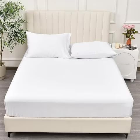 Desket Premium Fitted Bedsheet – Soft Microfiber, Deep Pocket Elastic | Sizes: Single 90×190 cm & Queen190×200 cm | White Plain & White Striped (King, Solid)