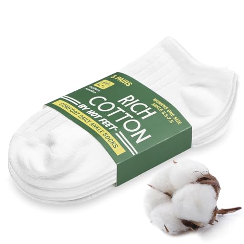 HOT FEET Thin Women's No Show Summer Socks - 5 Pack Cotton Ankle, Low Cut Lightweight Moisture Wicking Footies, Size 5.5-7.5