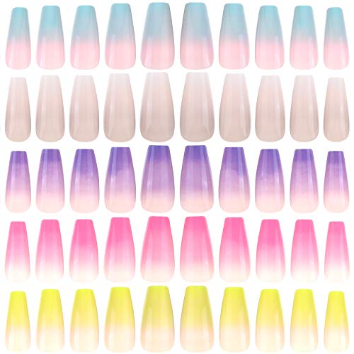 120 Pieces 5 Sets Long Ballerina Press on Nails Coffin False Nails Full Cover Fake Fingernails False Nails Glossy Artificial Nails Gradient Pink Fake Nails for DIY Nail Art Salon (Gradient Pattern)